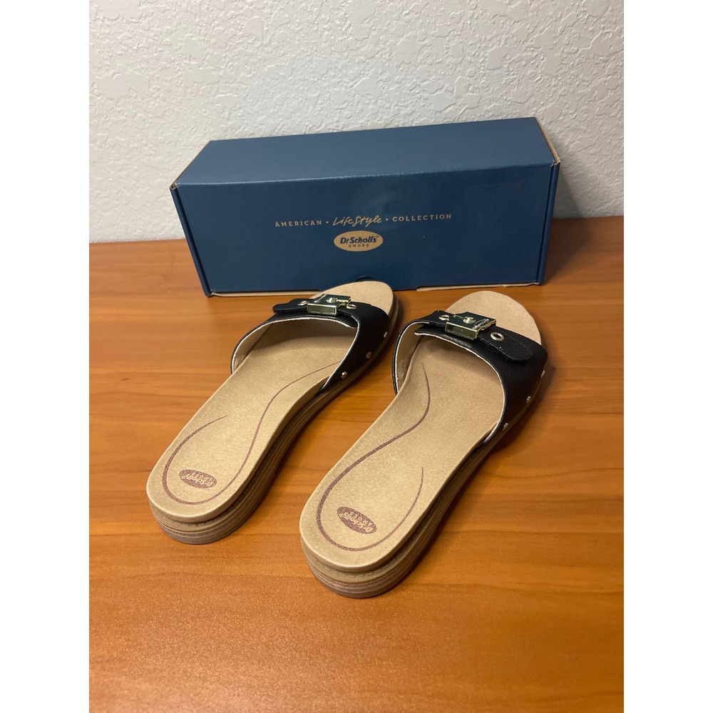 Dr. Scholls 9M Originalist Black Snakeskin Embossed Slide Sandals Gold Buckle - Picture 3 of 7
